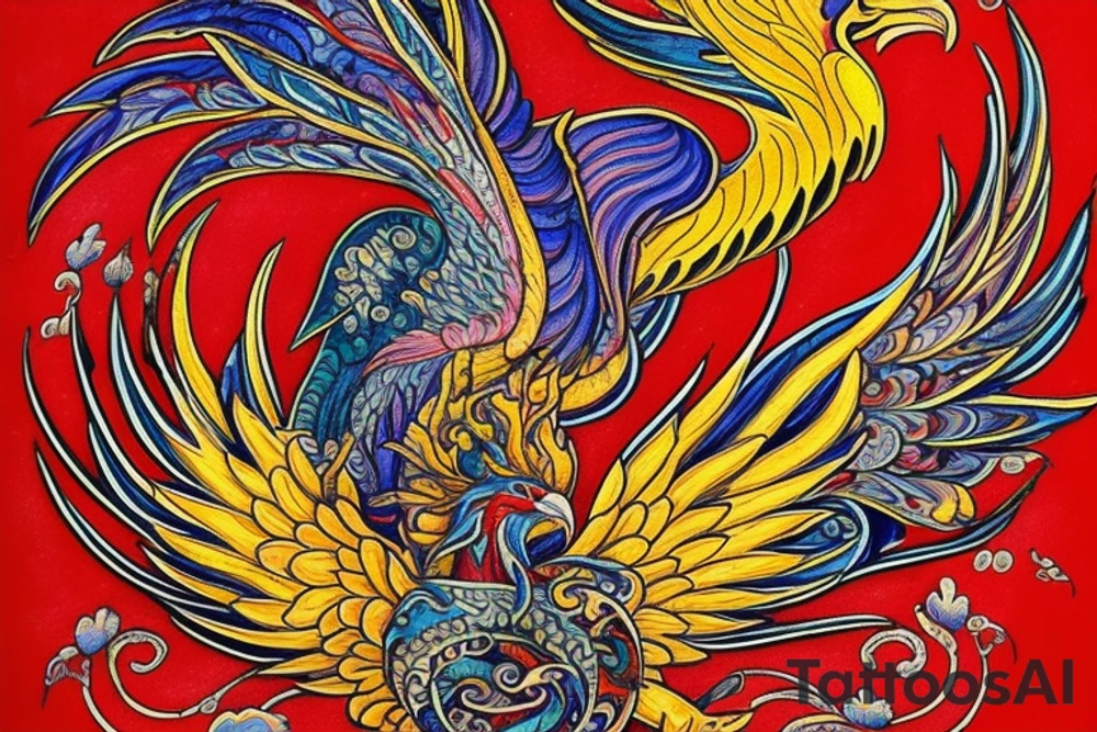 The tattoo is a vibrant and intricate design spanning up  from the Hip and 
 to the ribcage. It features a majestic phoenix, the mythical bird of fire and rebirth, as the central motif. The phoenix is depicted with outstretched wings, creating a sense of movement and grace. The body of the phoenix is adorned with vibrant shades of red, orange, and yellow, symbolizing the flames that engulf it. The feathers of the wings gradually transition from fiery hues to shades of deep indigo and royal purple, representing the transformation and renewal the phoenix embodies.  The Phoenix's face looks exactly like Kim Kardashian

Surrounding the phoenix are lush, swirling patterns reminiscent of smoke and flames, beautifully blending with the bird's majestic aura. These patterns incorporate shades of black, gold, and gray, creating a stunning visual contrast against the rich blue hues of the phoenix's feathers.
Finally, for added depth and dimension, subtle touches of shading and highlights are employed throughout the tattoo, creating a three-dimensional effect that brings the entire design to life. tattoo idea