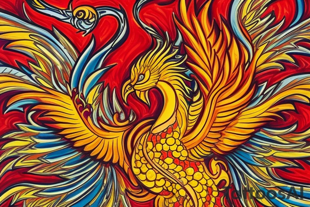 The tattoo is a vibrant and intricate design spanning up  from the Hip and 
 to the ribcage. It features a majestic phoenix, the mythical bird of fire and rebirth, as the central motif. The phoenix is depicted with outstretched wings, creating a sense of movement and grace. The body of the phoenix is adorned with vibrant shades of red, orange, and yellow, symbolizing the flames that engulf it. The feathers of the wings gradually transition from fiery hues to shades of deep indigo and royal purple, representing the transformation and renewal the phoenix embodies.  It is very important that The Phoenix's face looks exactly like Kim Kardashian

Surrounding the phoenix are lush, swirling patterns reminiscent of smoke and flames, beautifully blending with the bird's majestic aura. These patterns incorporate shades of black, gold, and gray, creating a stunning visual contrast against the rich blue hues of the phoenix's feathers.
Finally, for added depth and dimension, subtle touches of shading and highlights are employed throughout the tattoo, creating a three-dimensional effect that brings the entire design to life. tattoo idea