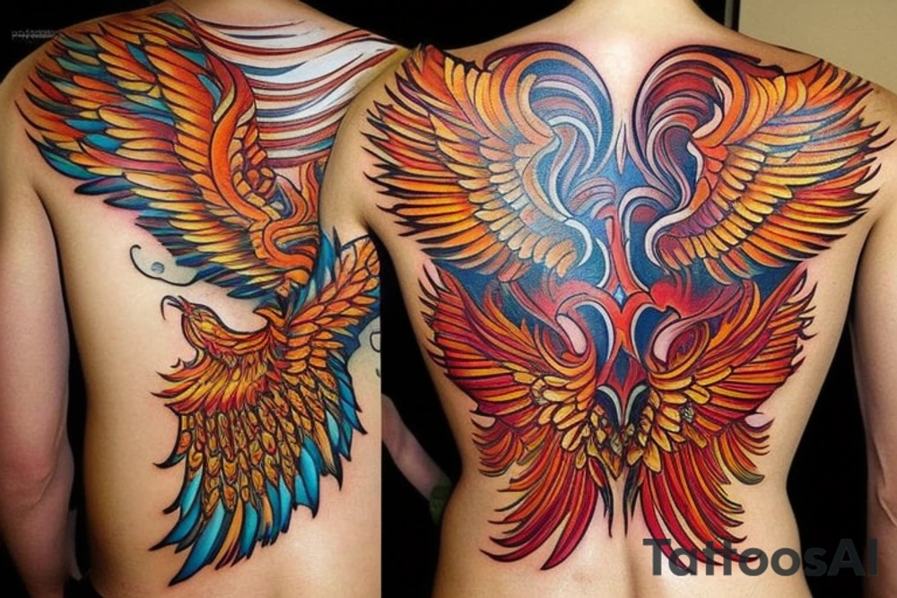 The tattoo is a vibrant and intricate design spanning up  from the Hip and 
 to the ribcage. It features a majestic phoenix, the mythical bird of fire and rebirth, as the central motif. The phoenix is depicted with outstretched wings, creating a sense of movement and grace. The body of the phoenix is adorned with vibrant shades of red, orange, and yellow, symbolizing the flames that engulf it. The feathers of the wings gradually transition from fiery hues to shades of deep indigo and royal purple, representing the transformation and renewal the phoenix embodies.  It is very important that The Phoenix's face looks exactly like Kim Kardashian

Surrounding the phoenix are lush, swirling patterns reminiscent of smoke and flames, beautifully blending with the bird's majestic aura. These patterns incorporate shades of black, gold, and gray, creating a stunning visual contrast against the rich blue hues of the phoenix's feathers.
Finally, for added depth and dimension, subtle touches of shading and highlights are employed throughout the tattoo, creating a three-dimensional effect that brings the entire design to life. tattoo idea