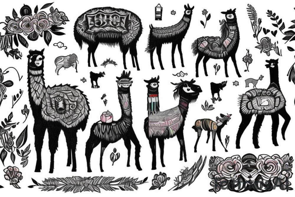 A vibrant valley featuring a full sized Llama with a Celebrity of your choice riding on it's back tattoo idea