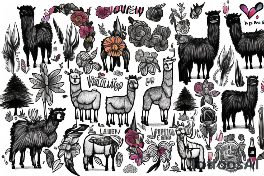 A vibrant valley featuring a full sized Llama with a Celebrity of your choice riding on it's back tattoo idea