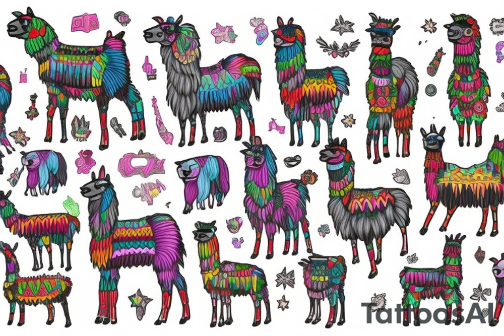 A vibrant valley featuring a full sized Llama with a Celebrity of your choice riding on it's back tattoo idea