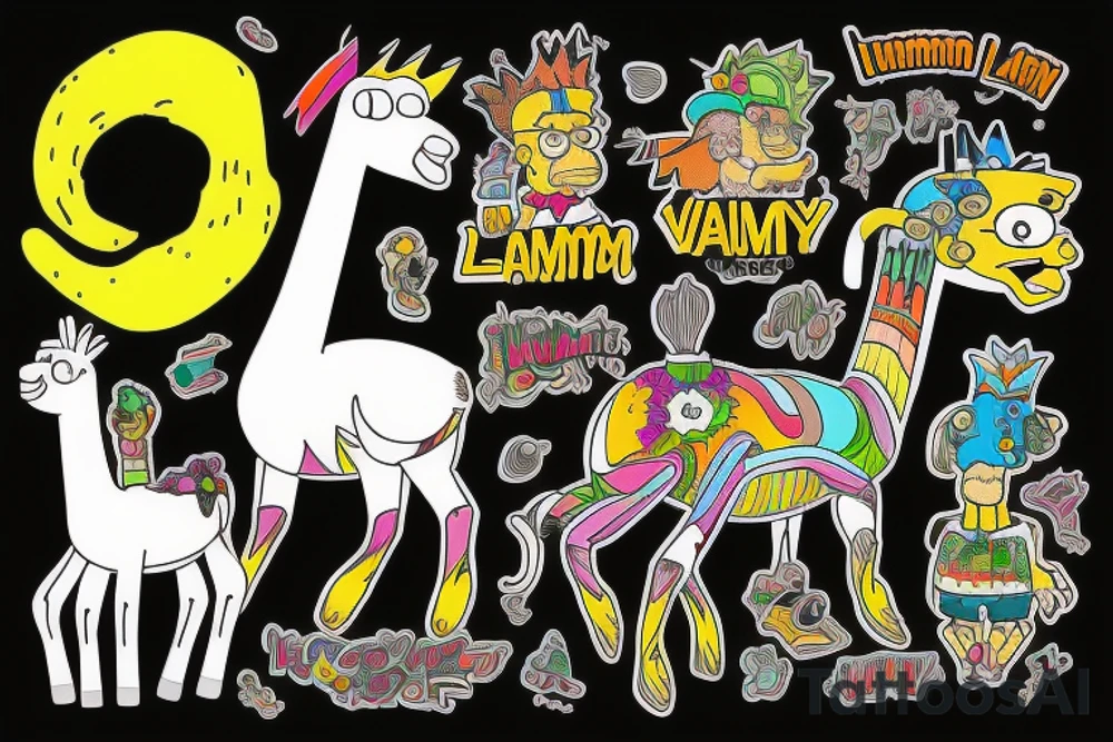 A vibrant valley featuring a full sized Llama with Homer Simpson riding on it's back tattoo idea