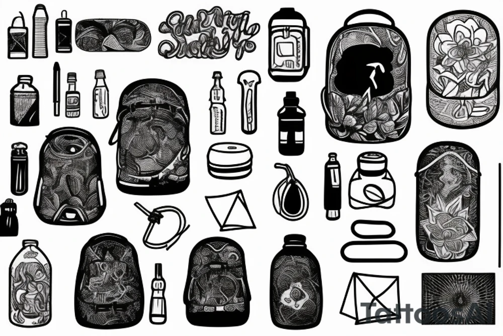 Hiking backpack with water bottle and sleeping pad tattoo idea