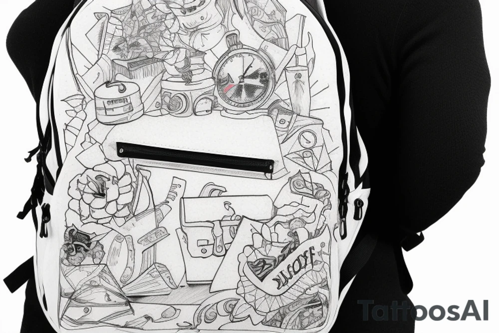 Hiking backpack with water bottle and sleeping pad sketch tattoo idea