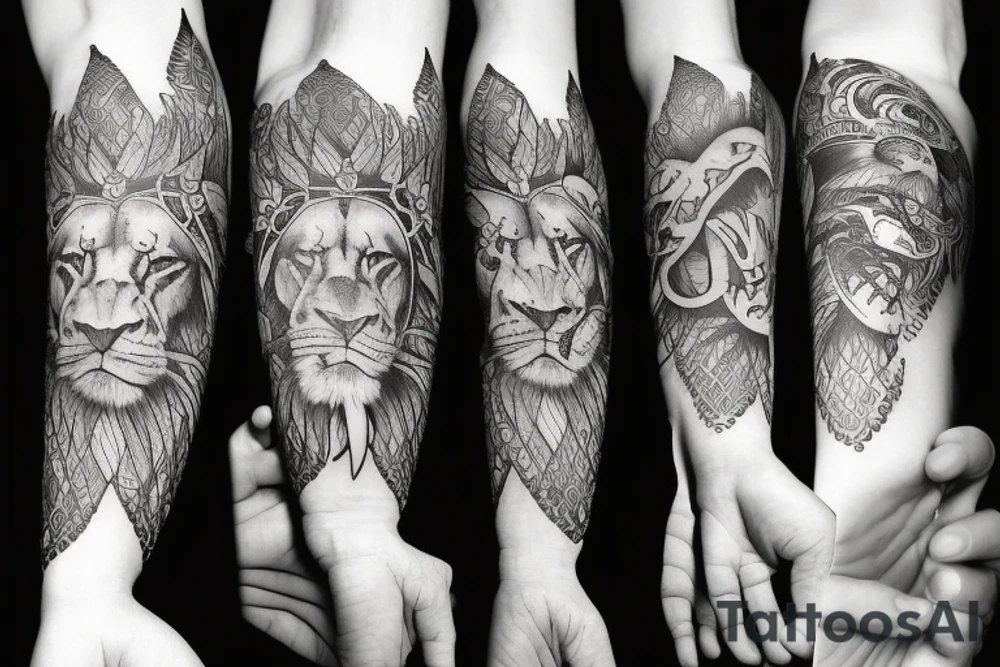 Tattoo including a lion and medieval type background tattoo idea