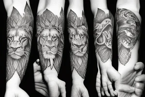 Tattoo including a lion and medieval type background tattoo idea