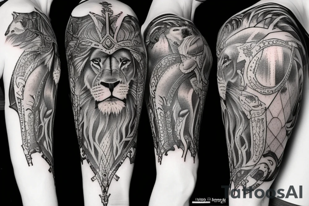 Tattoo including a lion and medieval knight tattoo idea