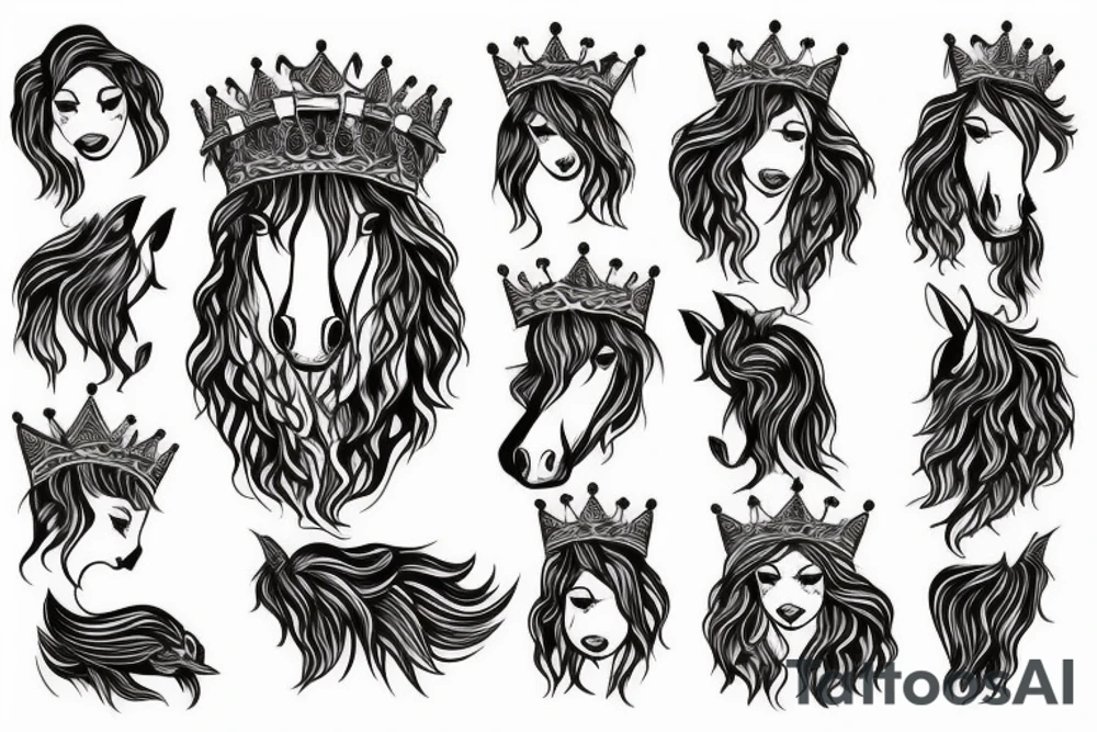 a horse with a developing mane and a crown on its head tattoo idea