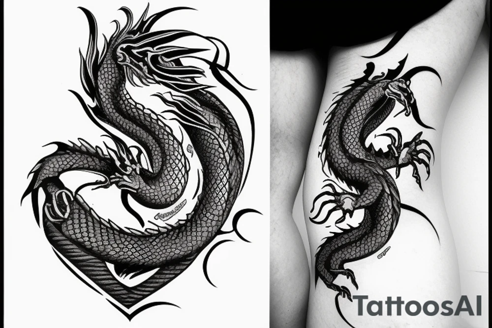 a dragon crawling up an arm with it's tail in the shaped of heart tattoo idea