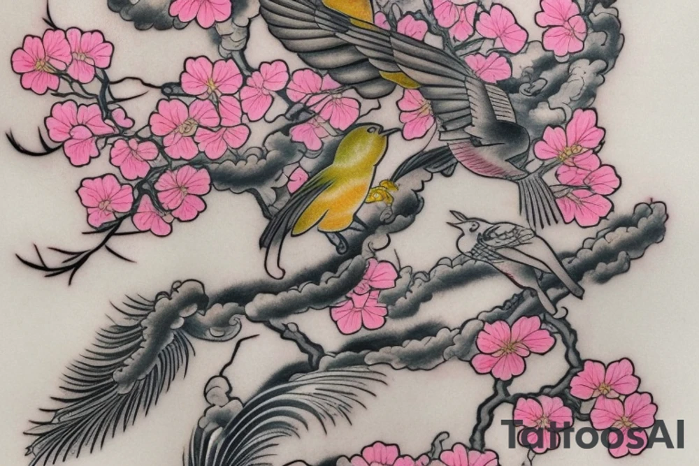 A Japanese-style tattoo depicting a cherry blossom branch with blossoming flowers and a colorful bird sitting on it. The branch should be drawn in a fluid, organic manner, and the flowers should be shown in full color. The bird should be depicted realistically, with intricate feathers and a bold facial expression. The tattoo should be done in the traditional Japanese style, using bold black outlines and soft washes of color to create dramatic contrast. Suggested Placements: Back, upper arm, thigh tattoo idea