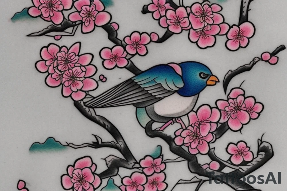 A Japanese-style tattoo depicting a cherry blossom branch with blossoming flowers and a colorful bird sitting on it. The branch should be drawn in a fluid, organic manner, and the flowers should be shown in full color. The bird should be depicted realistically, with intricate feathers and a bold facial expression. The tattoo should be done in the traditional Japanese style, using bold black outlines and soft washes of color to create dramatic contrast. Suggested Placements: Back, upper arm, thigh tattoo idea