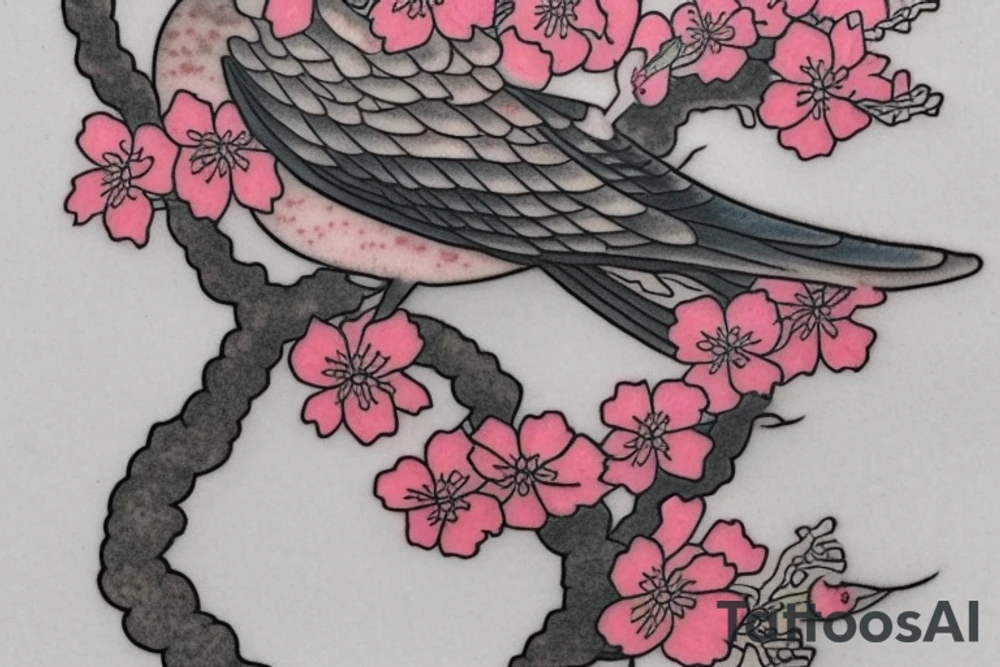 A Japanese-style tattoo depicting a cherry blossom branch with blossoming flowers and a colorful bird sitting on it. The branch should be drawn in a fluid, organic manner, and the flowers should be shown in full color. The bird should be depicted realistically, with intricate feathers and a bold facial expression. The tattoo should be done in the traditional Japanese style, using bold black outlines and soft washes of color to create dramatic contrast. Suggested Placements: Back, upper arm, thigh tattoo idea