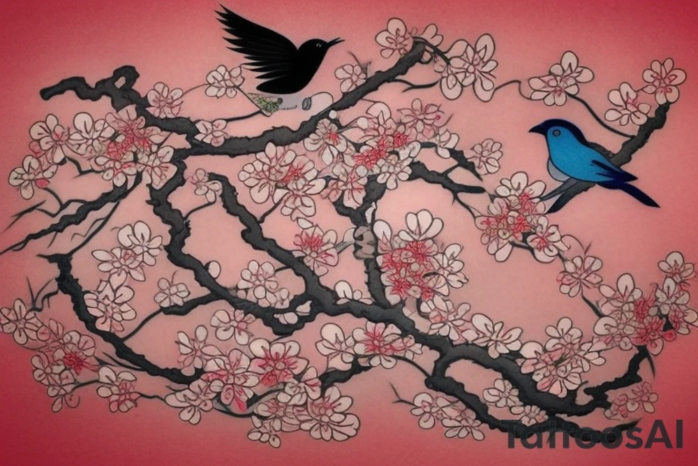 A Japanese-style tattoo depicting a cherry blossom branch with blossoming flowers and a colorful bird sitting on it. The branch should be drawn in a fluid, organic manner, and the flowers should be shown in full color. The bird should be depicted realistically, with intricate feathers and a bold facial expression. The tattoo should be done in the traditional Japanese style, using bold black outlines and soft washes of color to create dramatic contrast. Suggested Placements: Back, upper arm, thigh tattoo idea