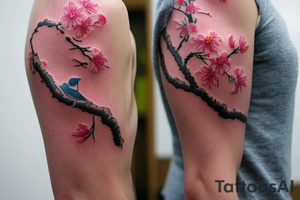 A Japanese-style tattoo depicting a cherry blossom branch with blossoming flowers and a colorful bird sitting on it. The branch should be drawn in a fluid, organic manner, and the flowers should be shown in full color. The bird should be depicted realistically, with intricate feathers and a bold facial expression. The tattoo should be done in the traditional Japanese style, using bold black outlines and soft washes of color to create dramatic contrast. Suggested Placements: Back, upper arm, thigh tattoo idea