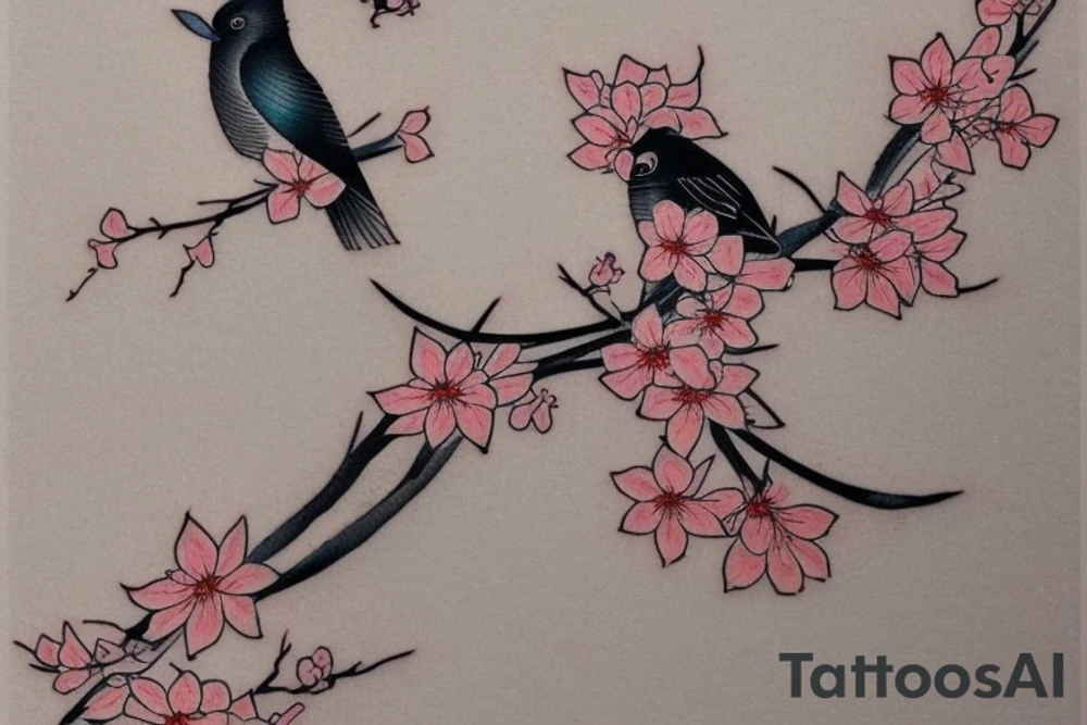 A Japanese-style tattoo depicting a cherry blossom branch with blossoming flowers and a colorful bird sitting on it. The branch should be drawn in a fluid, organic manner, and the flowers should be shown in full color. The bird should be depicted realistically, with intricate feathers and a bold facial expression. The tattoo should be done in the traditional Japanese style, using bold black outlines and soft washes of color to create dramatic contrast. Suggested Placements: Back, upper arm, thigh tattoo idea