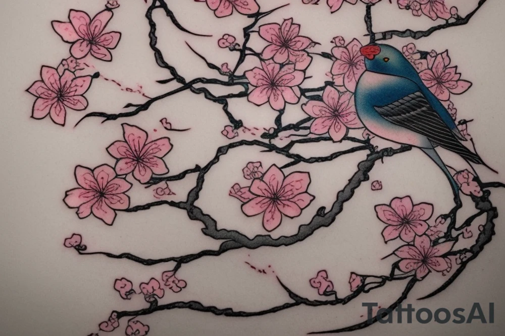 A Japanese-style tattoo depicting a cherry blossom branch with blossoming flowers and a colorful bird sitting on it. The branch should be drawn in a fluid, organic manner, and the flowers should be shown in full color. The bird should be depicted realistically, with intricate feathers and a bold facial expression. The tattoo should be done in the traditional Japanese style, using bold black outlines and soft washes of color to create dramatic contrast. Suggested Placements: Back, upper arm, thigh tattoo idea