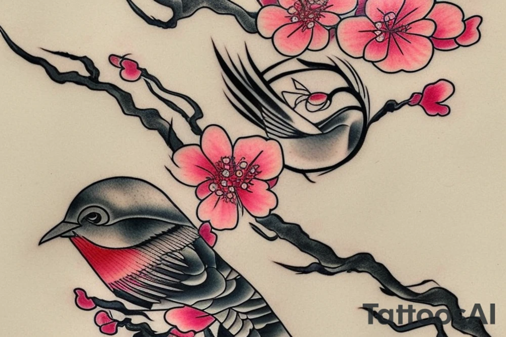 A Japanese-style tattoo depicting a cherry blossom branch with blossoming flowers and a colorful bird sitting on it. The branch should be drawn in a fluid, organic manner, and the flowers should be shown in full color. The bird should be depicted realistically, with intricate feathers and a bold facial expression. The tattoo should be done in the traditional Japanese style, using bold black outlines and soft washes of color to create dramatic contrast. Suggested Placements: Back, upper arm, thigh tattoo idea