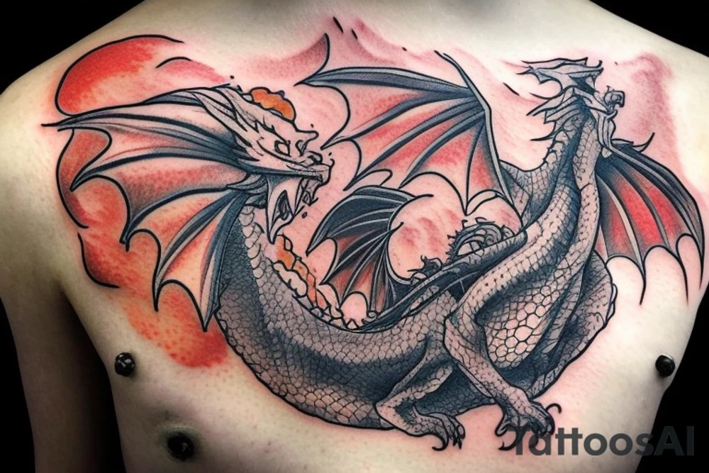 A dragon breathing fire and flying over a burning city. People are running in panic in all directions. Everything is bright and organic. Suggested Placements: Back, upper arm, thigh tattoo idea