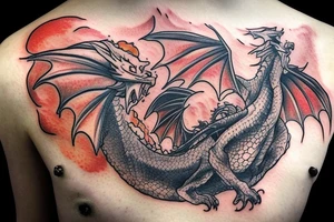 A dragon breathing fire and flying over a burning city. People are running in panic in all directions. Everything is bright and organic. Suggested Placements: Back, upper arm, thigh tattoo idea