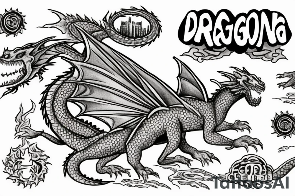 A dragon breathing fire and flying over a burning city. People are running in panic in all directions. Everything is bright and organic. Suggested Placements: Back, upper arm, thigh tattoo idea