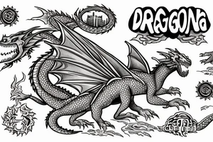 A dragon breathing fire and flying over a burning city. People are running in panic in all directions. Everything is bright and organic. Suggested Placements: Back, upper arm, thigh tattoo idea