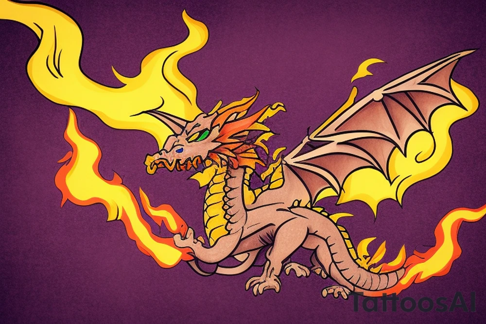 A dragon breathing fire and flying over a burning city. People are running in panic in all directions. Everything is bright and organic. Suggested Placements: Back, upper arm, thigh tattoo idea