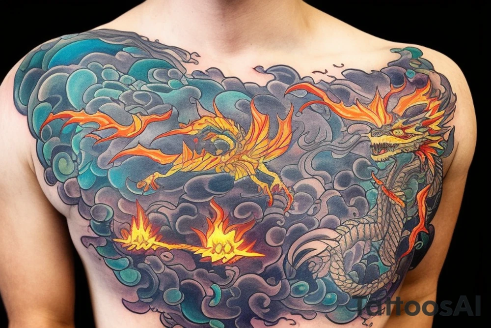 A dragon breathing fire and flying over a burning city. People are running in panic in all directions. Everything is bright and organic. Suggested Placements: Back, upper arm, thigh tattoo idea