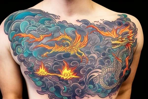 A dragon breathing fire and flying over a burning city. People are running in panic in all directions. Everything is bright and organic. Suggested Placements: Back, upper arm, thigh tattoo idea