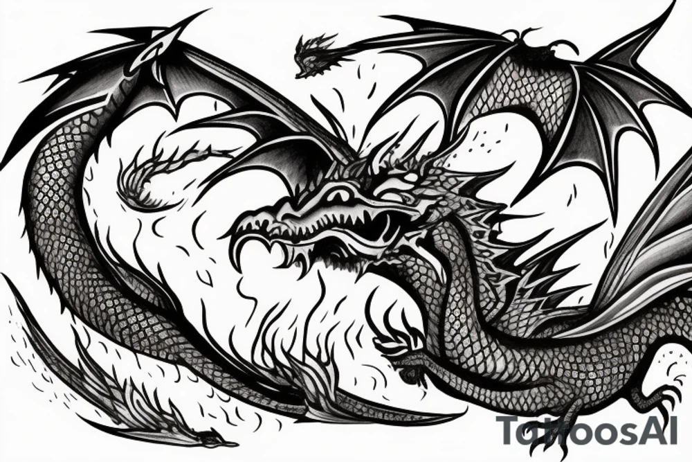 A dragon breathing fire and flying over a burning city. People are running in panic in all directions. Everything is bright and organic. Suggested Placements: Back, upper arm, thigh tattoo idea
