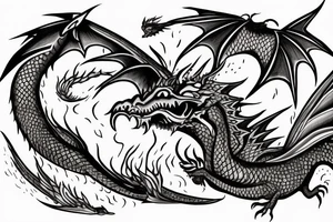 A dragon breathing fire and flying over a burning city. People are running in panic in all directions. Everything is bright and organic. Suggested Placements: Back, upper arm, thigh tattoo idea