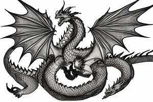 A dragon breathing fire and flying over a burning city. People are running in panic in all directions. Everything is bright and organic. Suggested Placements: Back, upper arm, thigh tattoo idea
