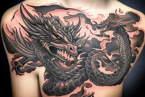 A dragon breathing fire and flying over a burning city. People are running in panic in all directions. Everything is bright and organic. Suggested Placements: Back, upper arm, thigh tattoo idea