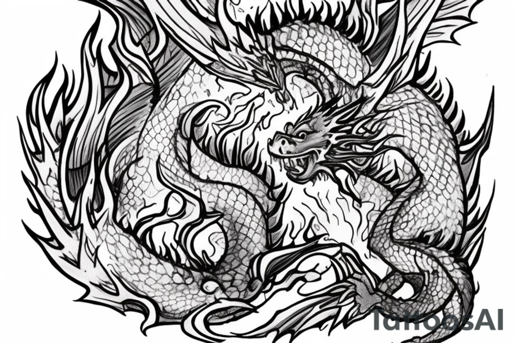 A dragon breathing fire and flying over a burning city. People are running in panic in all directions. Everything is bright and organic. Suggested Placements: Back, upper arm, thigh tattoo idea