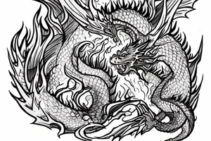 A dragon breathing fire and flying over a burning city. People are running in panic in all directions. Everything is bright and organic. Suggested Placements: Back, upper arm, thigh tattoo idea