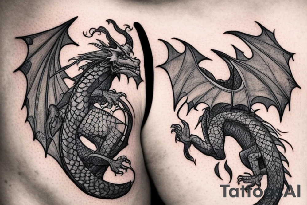 A dragon breathing fire and flying over a burning city. People are running in panic in all directions. Everything is bright and organic. Suggested Placements: Back, upper arm, thigh tattoo idea