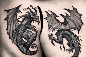 A dragon breathing fire and flying over a burning city. People are running in panic in all directions. Everything is bright and organic. Suggested Placements: Back, upper arm, thigh tattoo idea