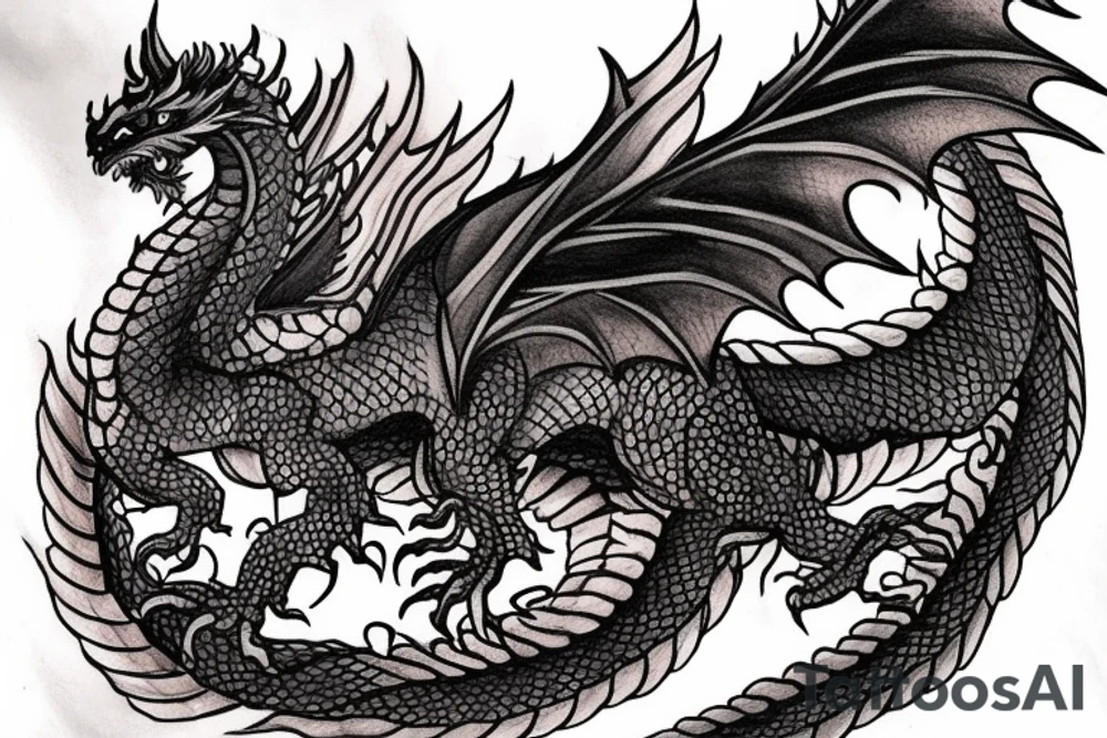 the tattoo is depicted as a dragon breathing fire and flying over a city that is on fire. People are running in panic in all directions. Everything is bright and organic. Suggested Placements: Back, upper arm, thigh tattoo idea