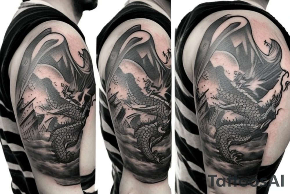 the tattoo is depicted as a dragon breathing fire and flying over a city that is on fire. People are running in panic in all directions. Everything is bright and organic. Suggested Placements: Back, upper arm, thigh tattoo idea