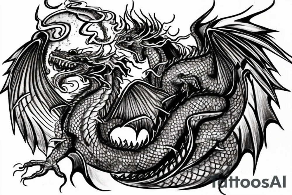 the tattoo is depicted as a dragon breathing fire and flying over a city that is on fire. People are running in panic in all directions. Everything is bright and organic. Suggested Placements: Back, upper arm, thigh tattoo idea
