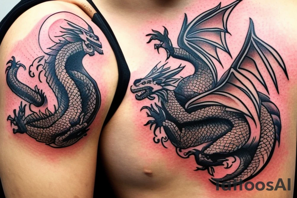 the tattoo is depicted as a dragon breathing fire and flying over a city that is on fire. People are running in panic in all directions. Everything is bright and organic. Suggested Placements: Back, upper arm, thigh tattoo idea