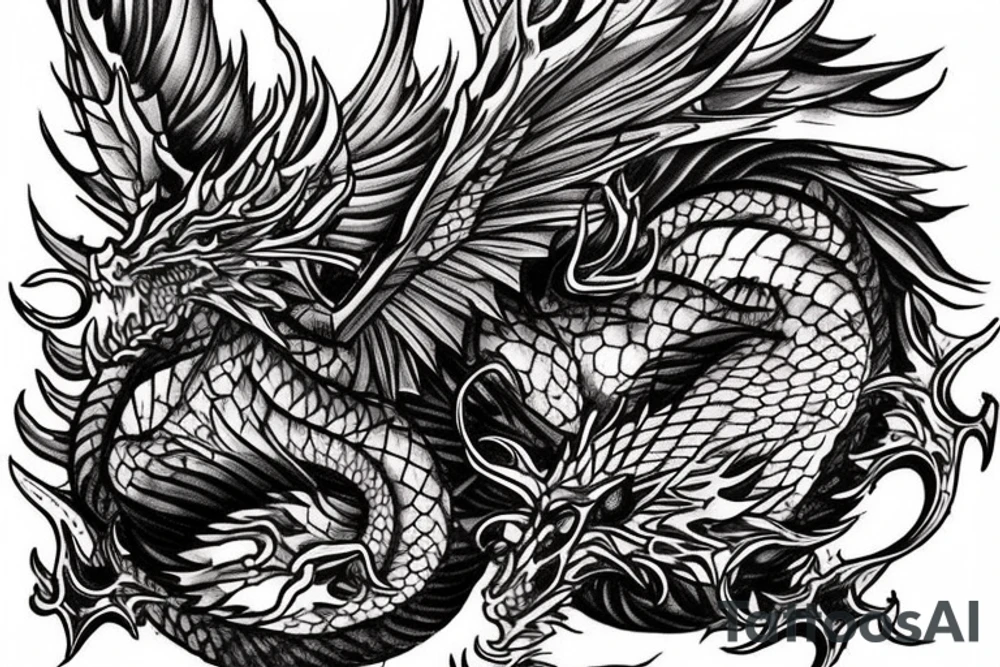 the tattoo is depicted as a dragon breathing fire and flying over a city that is on fire. People are running in panic in all directions. Everything is bright and organic. Suggested Placements: Back, upper arm, thigh tattoo idea