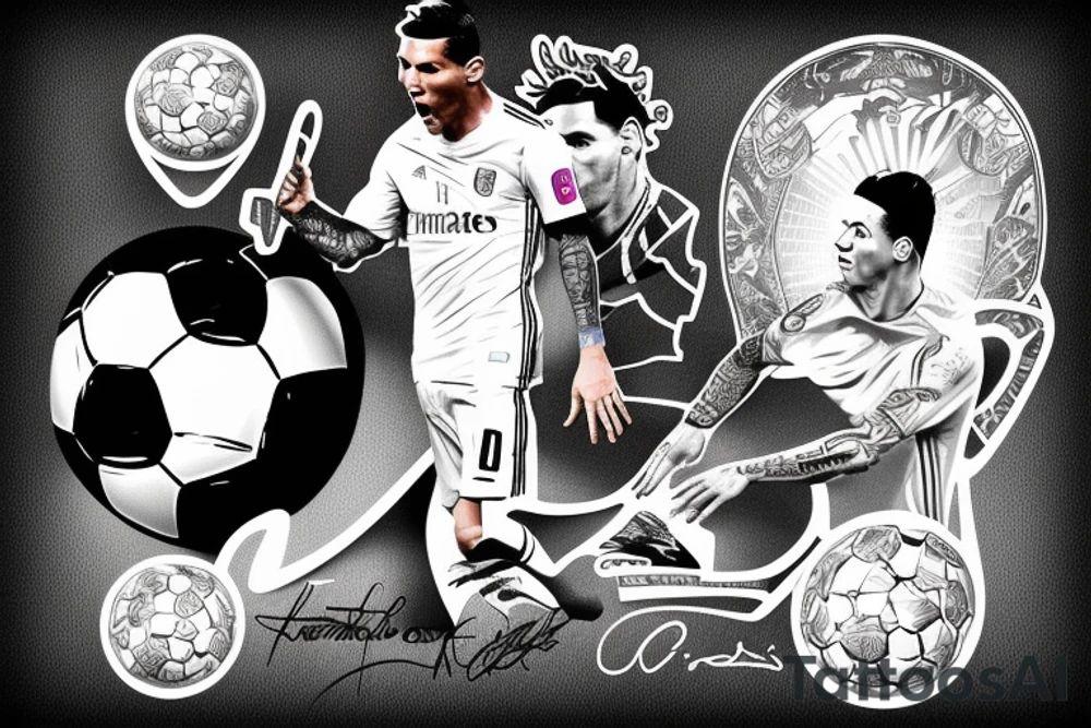 Lionel Messi and Cristiano Ronaldo tribute, with their trophies and iconic pictures tattoo idea