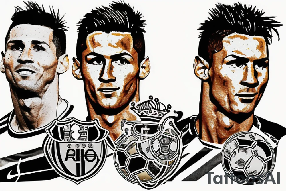 Lionel Messi and Cristiano Ronaldo tribute, with their trophies and iconic pictures tattoo idea