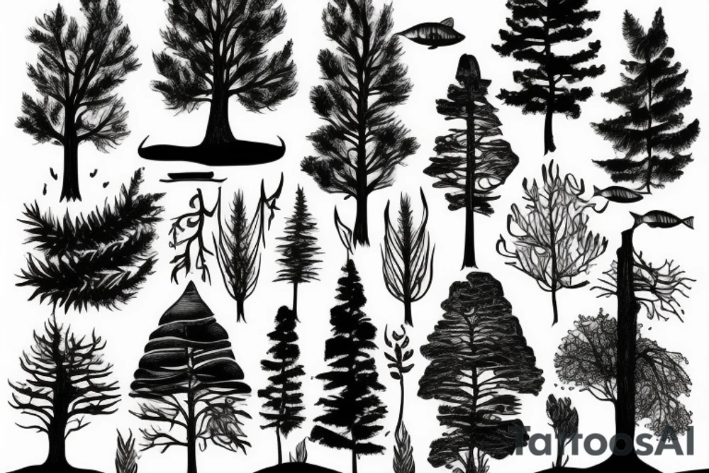 Nature with trees fish camping tattoo idea