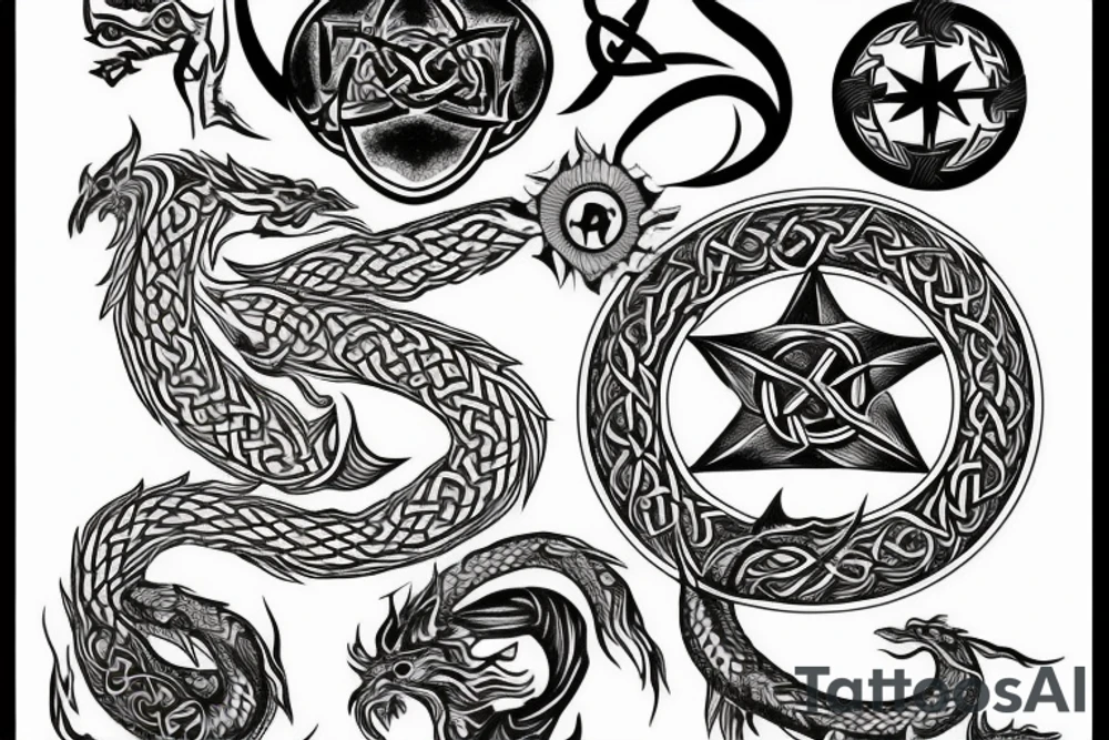 yggdrasil, celtic compass, dragon tattoo idea