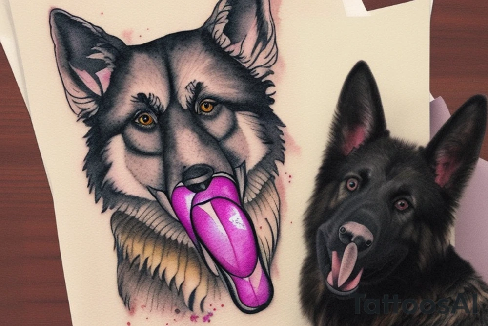 german sheperd with tongue out side of the mouth. less fur tattoo idea