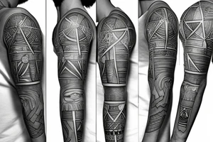 Black and grey half arm sleeve with Egyptian isis as main subject and incorporate pyramids, eye of horus and ankh tattoo idea