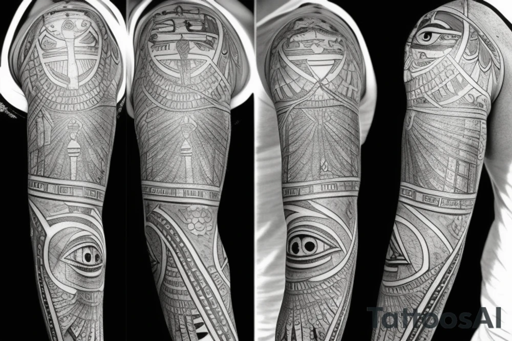 Black and grey half arm sleeve with Egyptian isis as main subject and incorporate pyramids, eye of horus and ankh tattoo idea