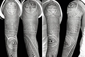 Black and grey half arm sleeve with Egyptian isis as main subject and incorporate pyramids, eye of horus and ankh tattoo idea